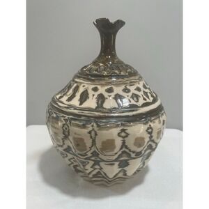 Hand Thrown Carved Agateware Pottery 8.25" Vase Blue Brown Cream Clay